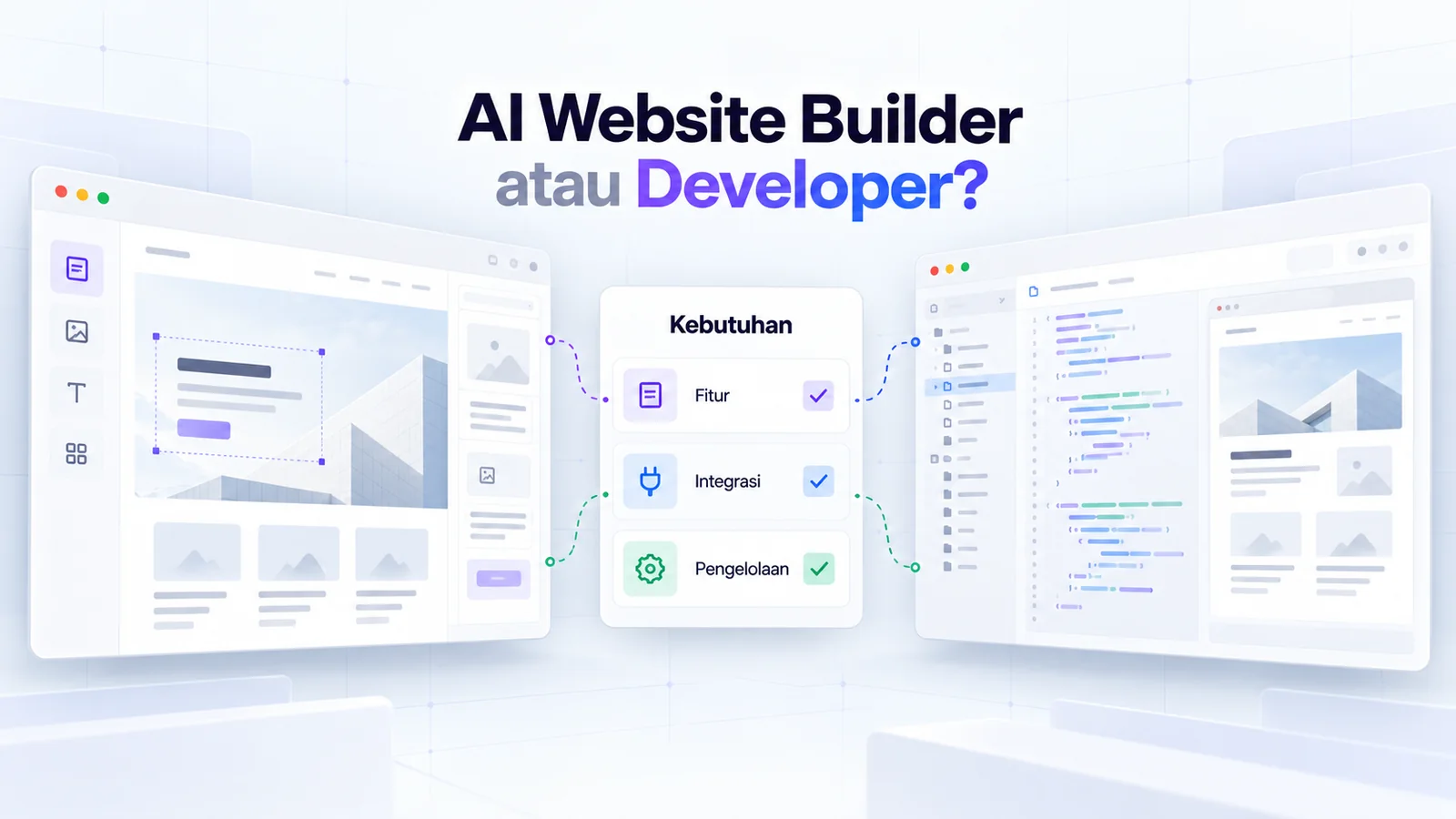 Sampul artikel tentang memilih AI website builder atau developer berdasarkan kebutuhan bisnis.