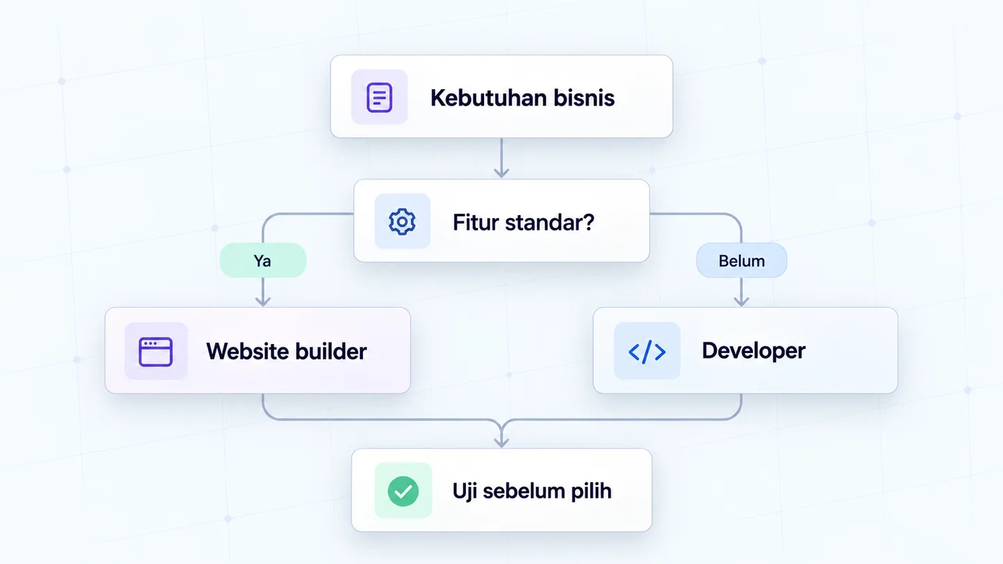 Ilustrasi dua pendekatan pembangunan website dengan checklist kebutuhan bisnis.