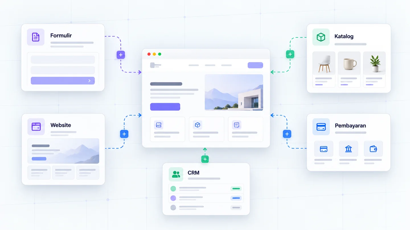 Alur contoh website yang menghubungkan formulir, katalog, pembayaran, dan CRM sesuai kebutuhan.