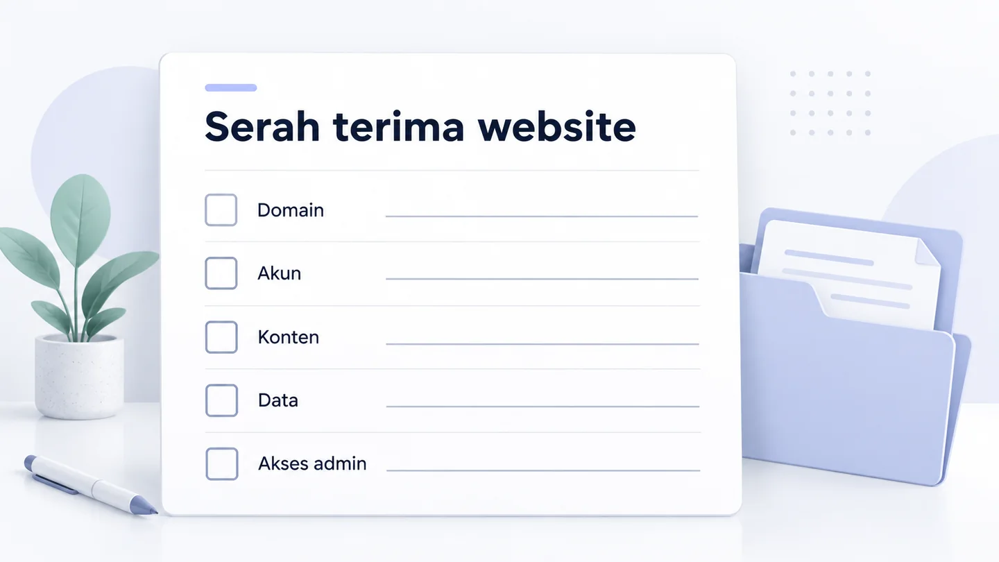 Checklist serah terima website dengan kotak kosong untuk domain, akun, konten, data, dan akses admin.