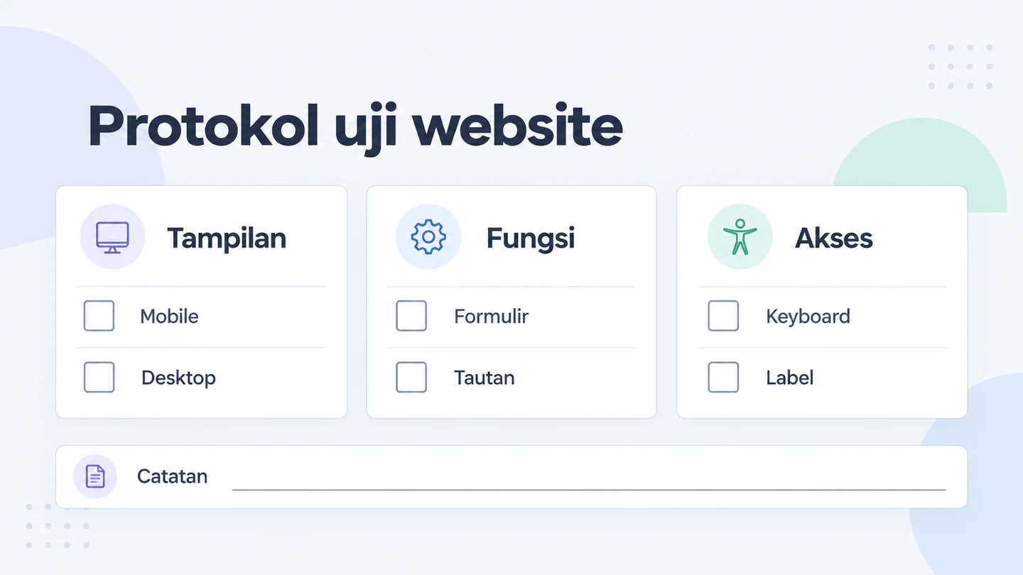 Checklist pengujian kosong untuk tampilan mobile dan desktop, formulir, tautan, keyboard, dan label.