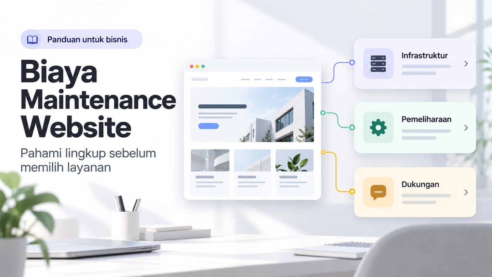 Ilustrasi rencana maintenance website yang memisahkan biaya layanan rutin dan pekerjaan dukungan teknis.