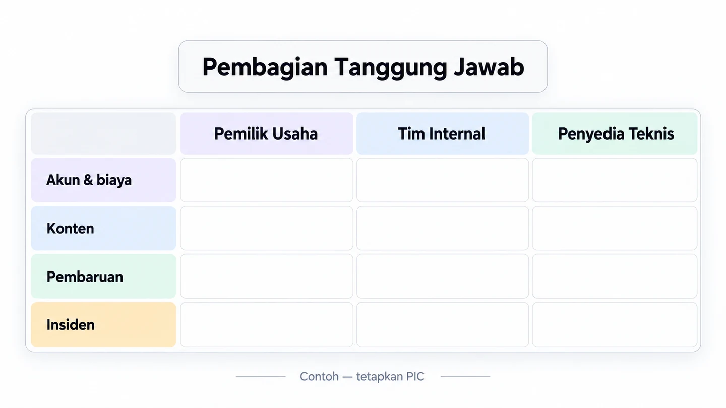 Peta tanggung jawab contoh antara pemilik bisnis, tim website, dan penyedia platform untuk tugas perawatan.