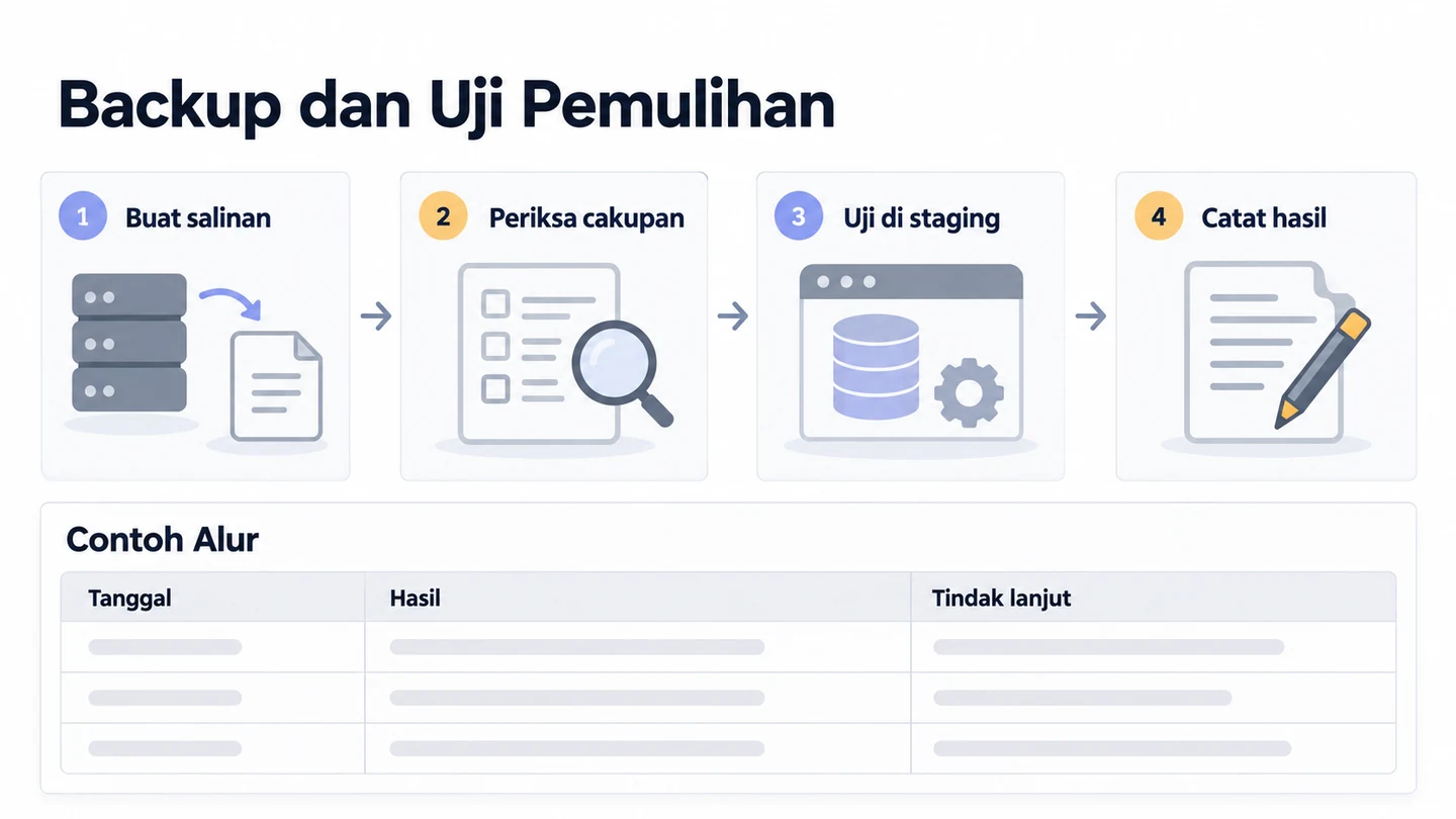 Alur contoh dari membuat backup, memeriksa catatan, melakukan uji pemulihan, hingga mendokumentasikan hasil dan tindak lanjut.