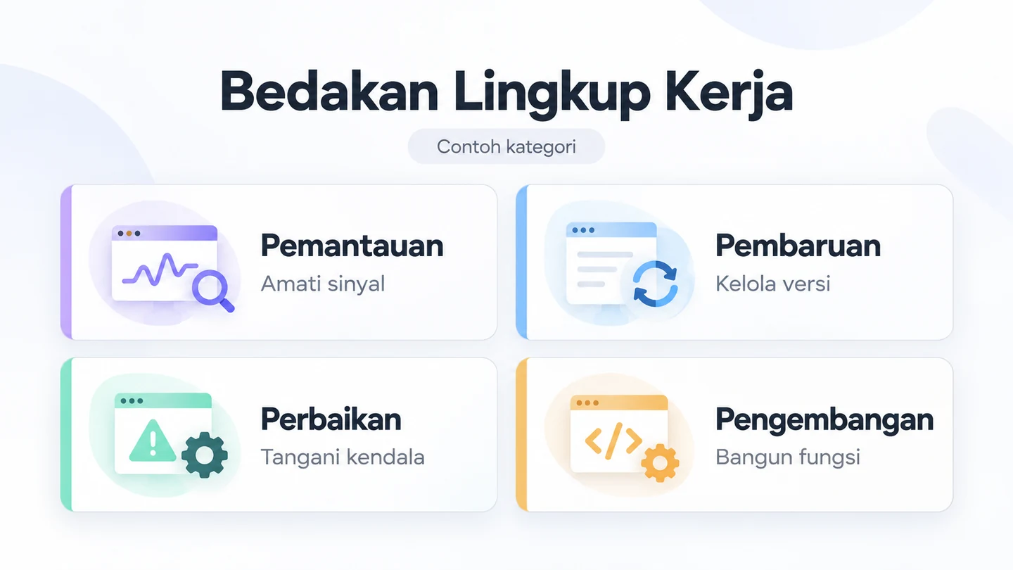 Tabel lingkup yang memisahkan pemantauan, pembaruan terencana, perbaikan kendala, dan pengembangan baru.