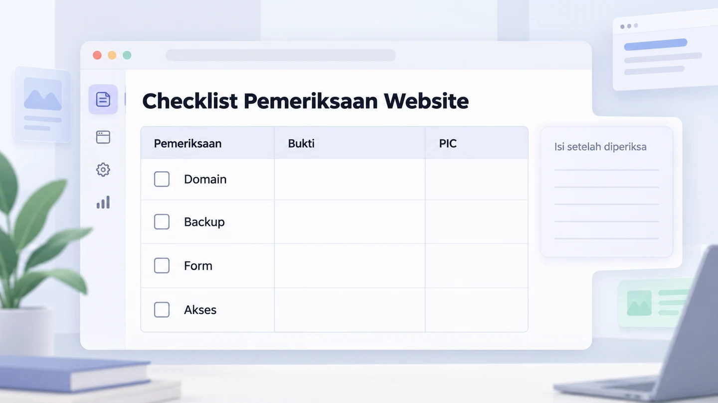 Checklist kosong untuk mencatat pemeriksaan website, bukti, penanggung jawab, tanggal, dan tindak lanjut.