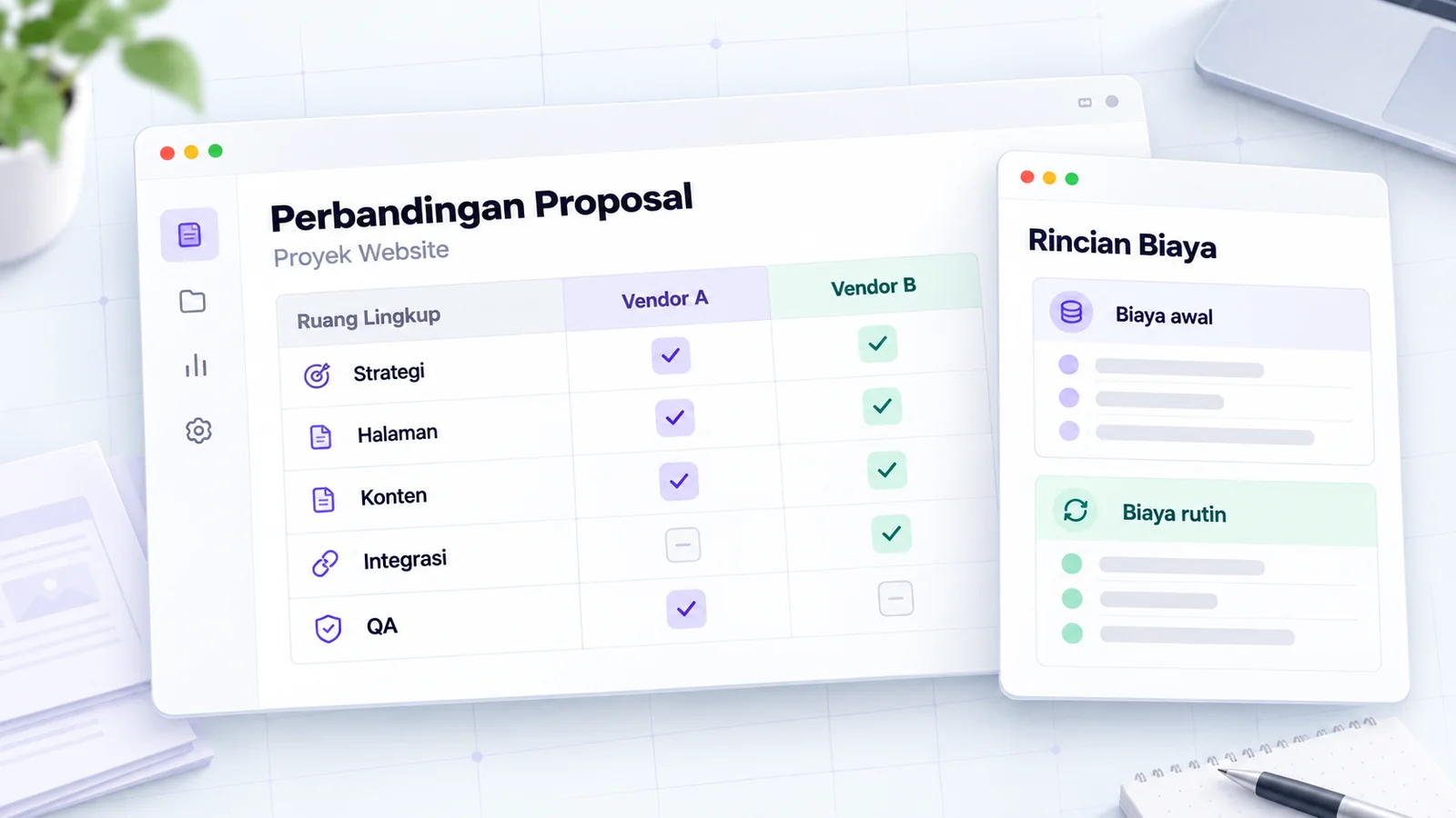 Ilustrasi lembar kerja untuk membandingkan dua proposal website berdasarkan lingkup dan biaya.