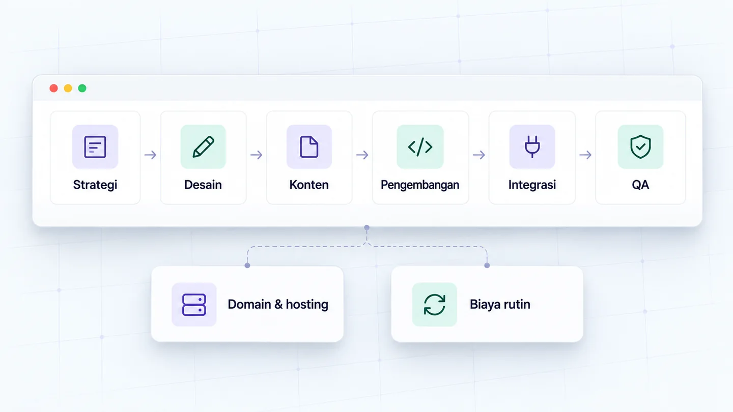 Diagram tahapan dan komponen ruang lingkup proyek website, dari strategi hingga QA.