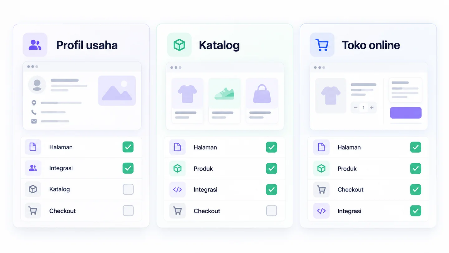 Matriks simulasi kebutuhan untuk website profil usaha, katalog, dan toko online.