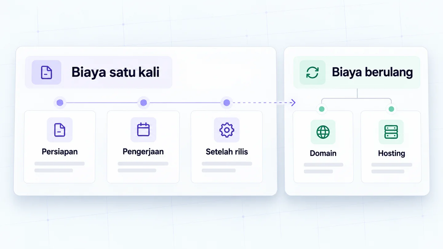 Perbandingan visual antara biaya pengerjaan awal dan biaya berulang seperti domain, hosting, lisensi, serta dukungan.