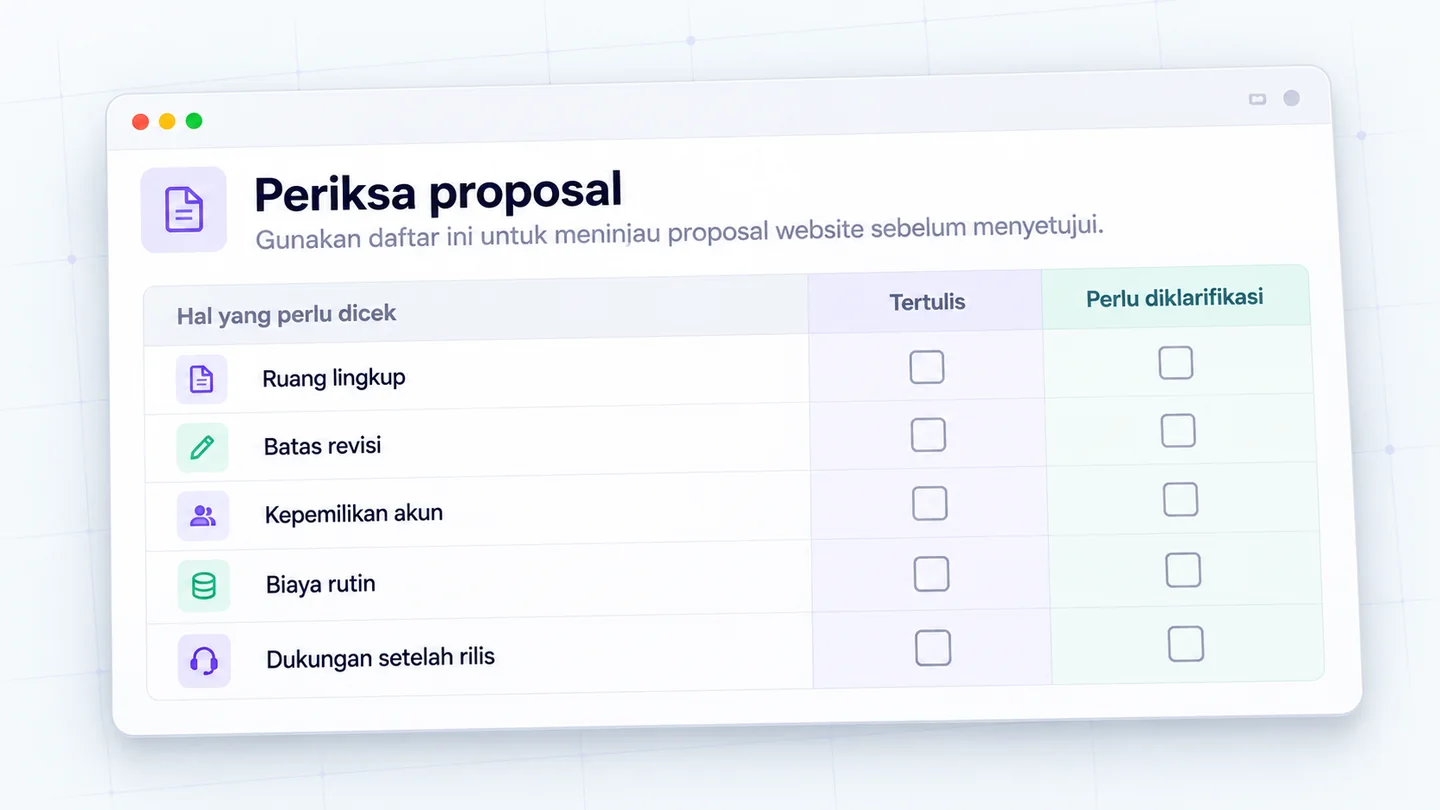 Peta keputusan untuk memilih paket website atau membahas pengembangan custom.