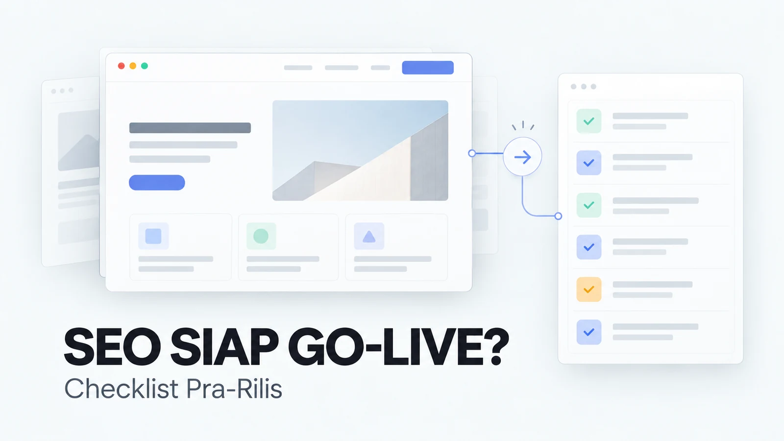 Ilustrasi checklist go-live yang menghubungkan daftar URL, pemeriksaan teknis, pemilik tugas, dan bukti sebelum website diluncurkan.