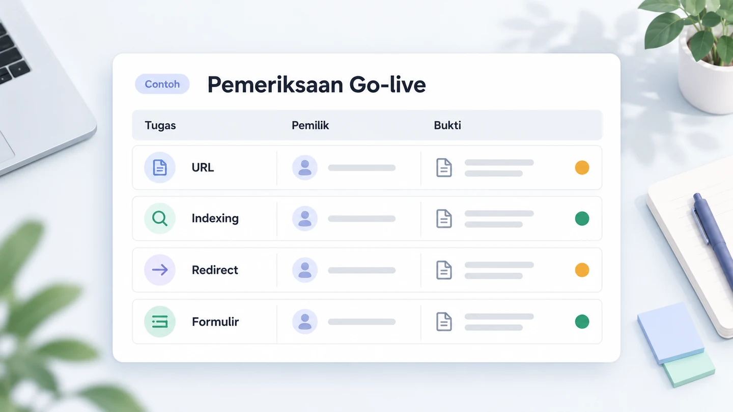 Papan pemeriksaan go-live website dengan tugas SEO, nama pemilik, status, dan kolom bukti.