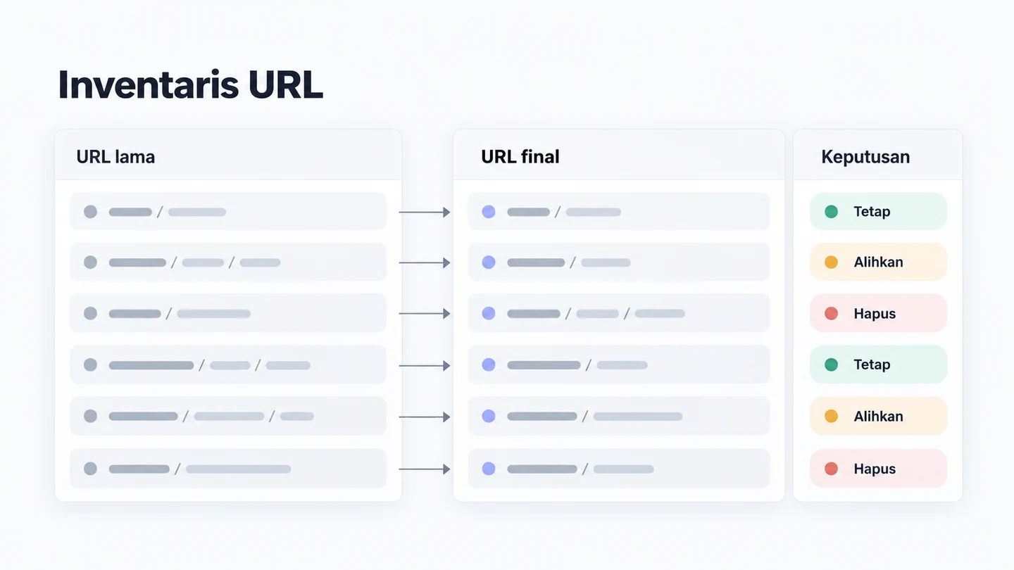Pemetaan contoh dari URL lama ke URL baru dengan kolom keputusan untuk dipertahankan, dialihkan, atau dihapus.