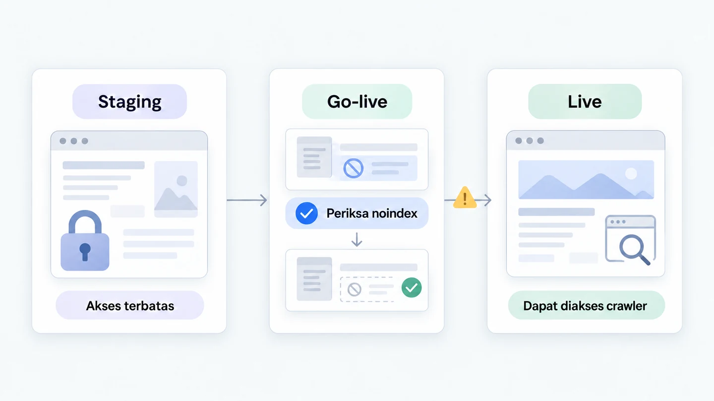 Alur perpindahan website dari staging ke live dengan gerbang pemeriksaan akses, noindex, dan kesiapan crawling.