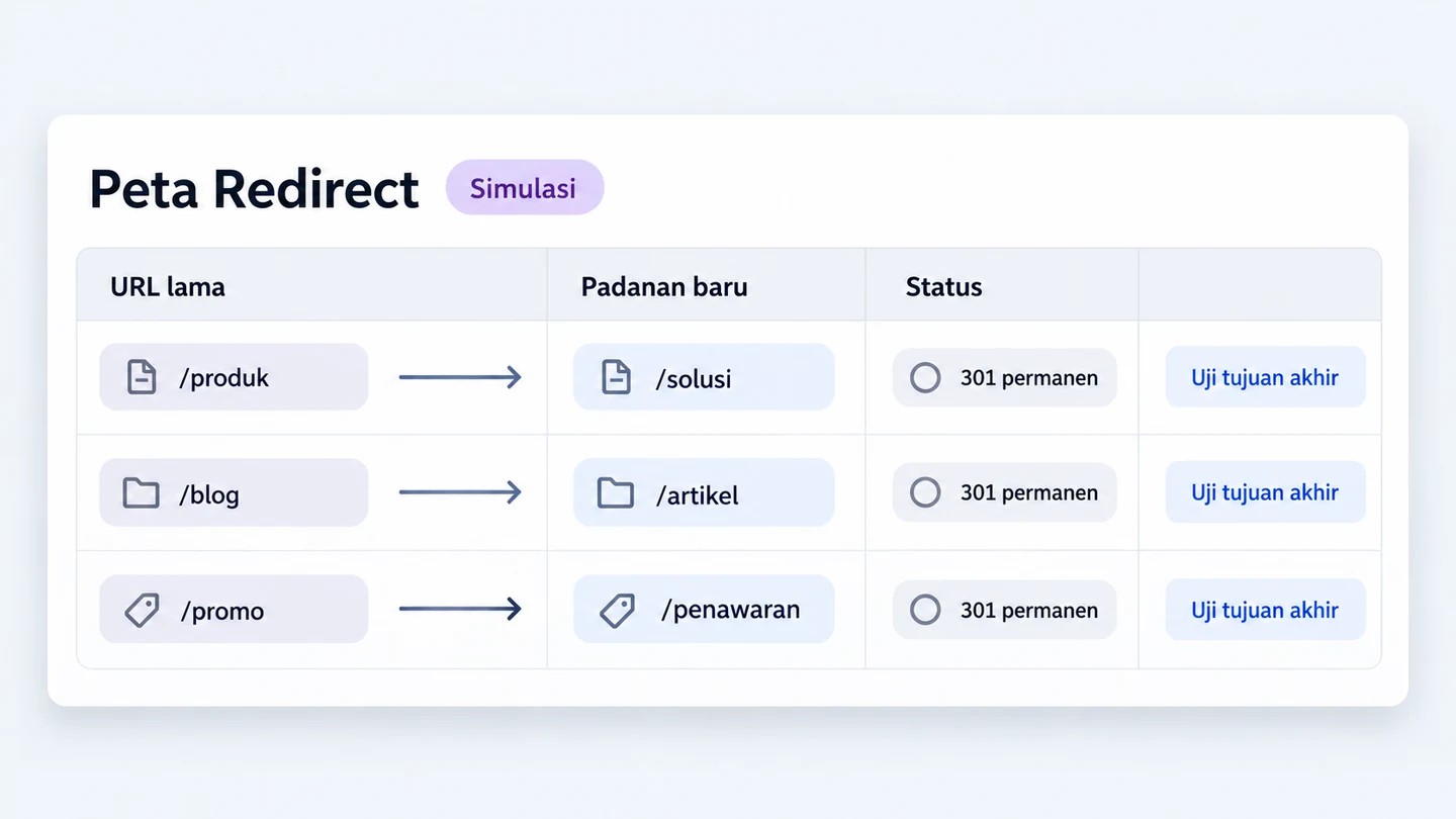 Peta redirect langsung dari alamat lama ke padanan baru, dengan pemeriksaan status respons dan tujuan akhir.