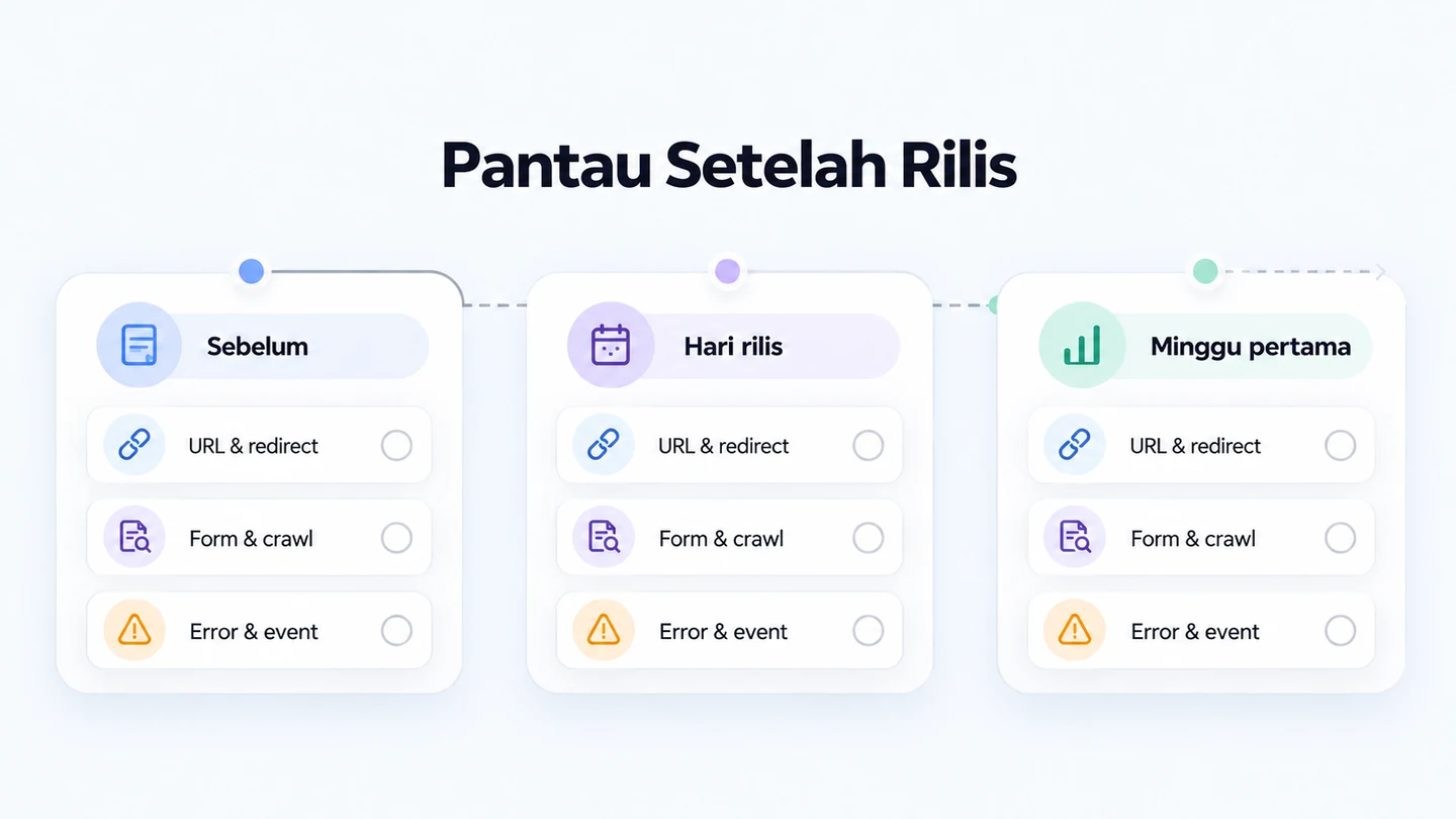 Garis waktu pemeriksaan dari persiapan pra-rilis, hari go-live, hingga pemantauan minggu pertama.