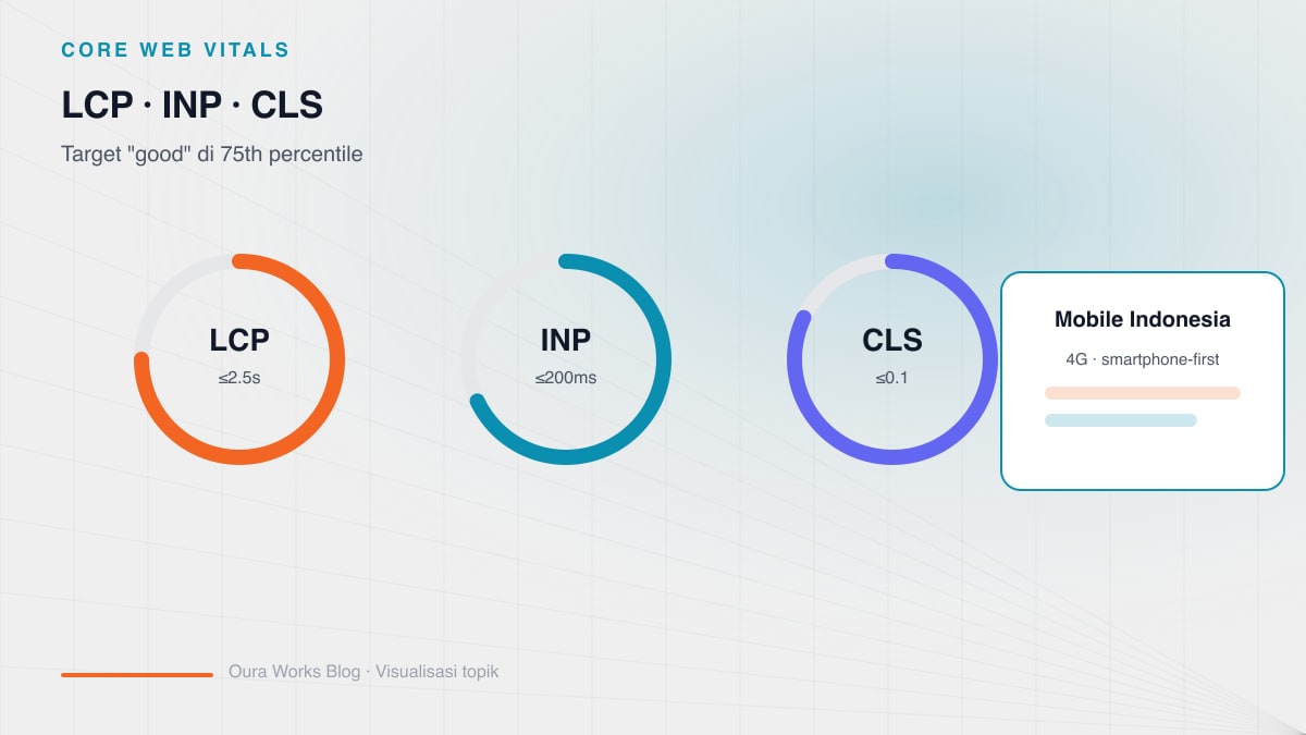 Core Web Vitals three metrics diagram LCP, INP, and CLS with good thresholds at 75th percentile CrUX field data