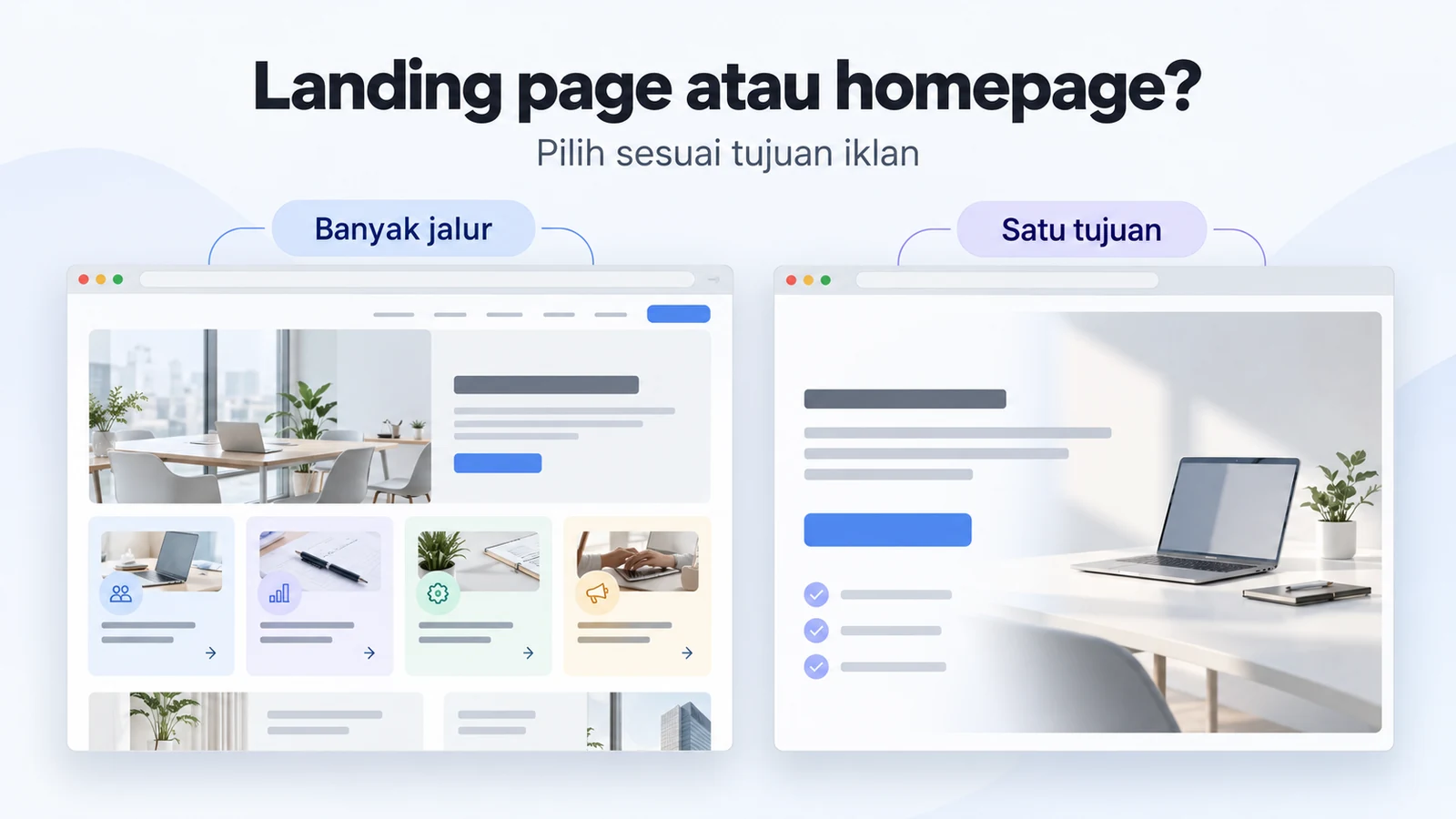 Perbandingan homepage bisnis dengan beberapa jalur navigasi dan landing page kampanye dengan satu penawaran serta langkah inquiry yang jelas.