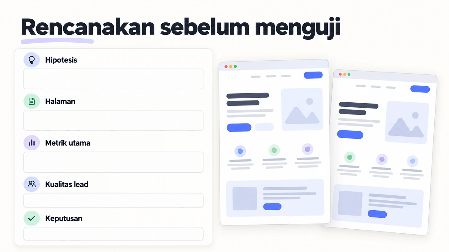 Lembar rencana eksperimen iklan dengan hipotesis, variabel halaman, metrik utama, dan guardrail kualitas prospek.