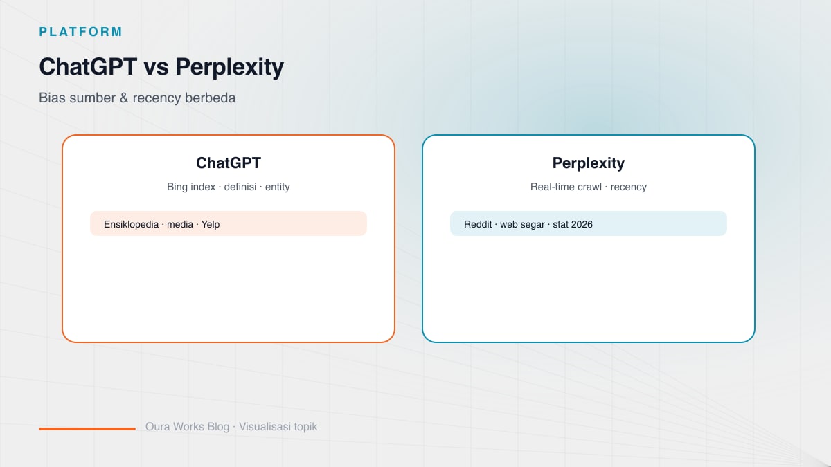 ChatGPT vs Perplexity optimization comparison table: Bing index, source bias, recency, and ideal citation bait formats