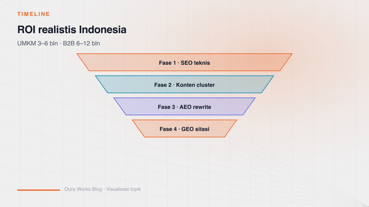 Oura package diagram for business SEO phases: Starter for baseline, Content for clusters, Growth and Domination for SEO plus AI visibility