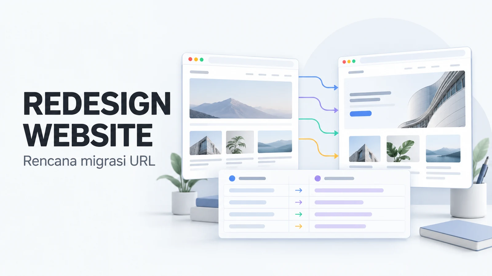 Ilustrasi perencanaan redesign website dengan inventaris halaman lama, peta URL baru, dan panel pemantauan Search Console.