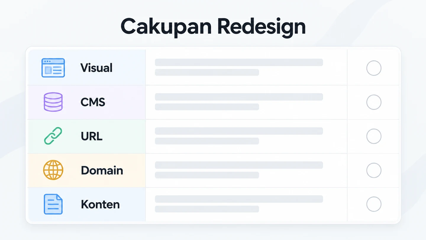 Matriks perubahan redesign website yang membedakan perubahan tampilan, CMS, URL, domain, dan pemeriksaan migrasinya.