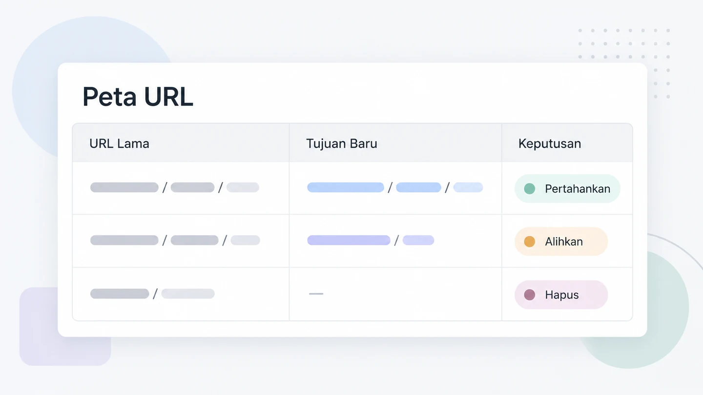 Peta kerja contoh yang mencocokkan URL lama, fungsi halaman, data performa, dan keputusan sebelum redesign website.