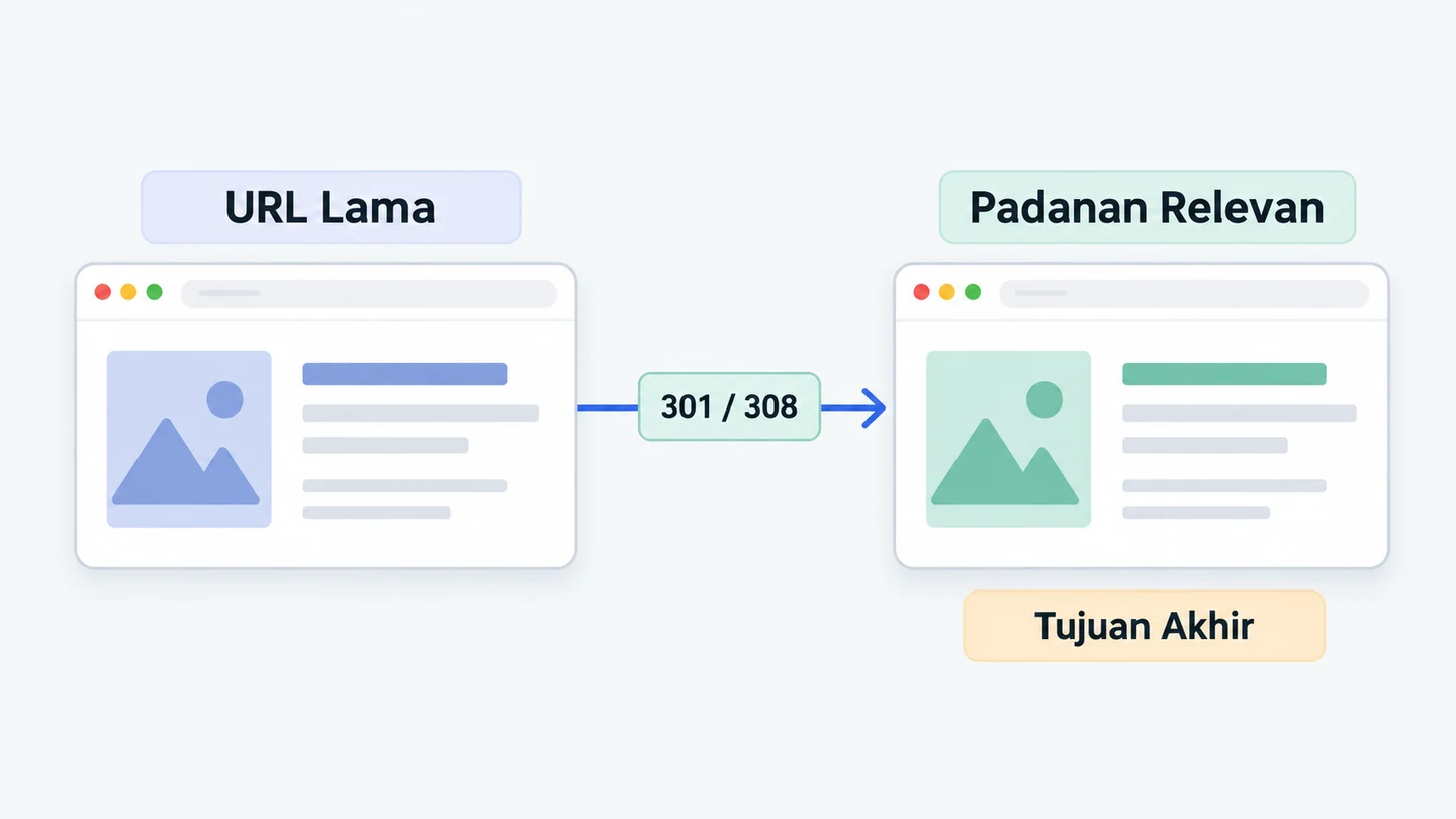 Contoh peta URL lama dan baru untuk redesign website dengan keputusan pertahankan, alihkan langsung, atau hapus.