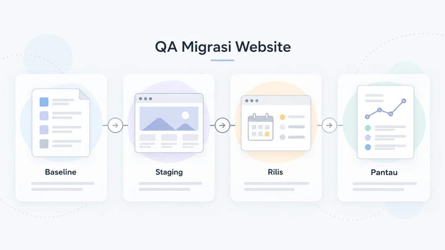 Alur QA redesign website dari baseline situs lama menuju staging, gerbang persetujuan, rilis, dan pemantauan.