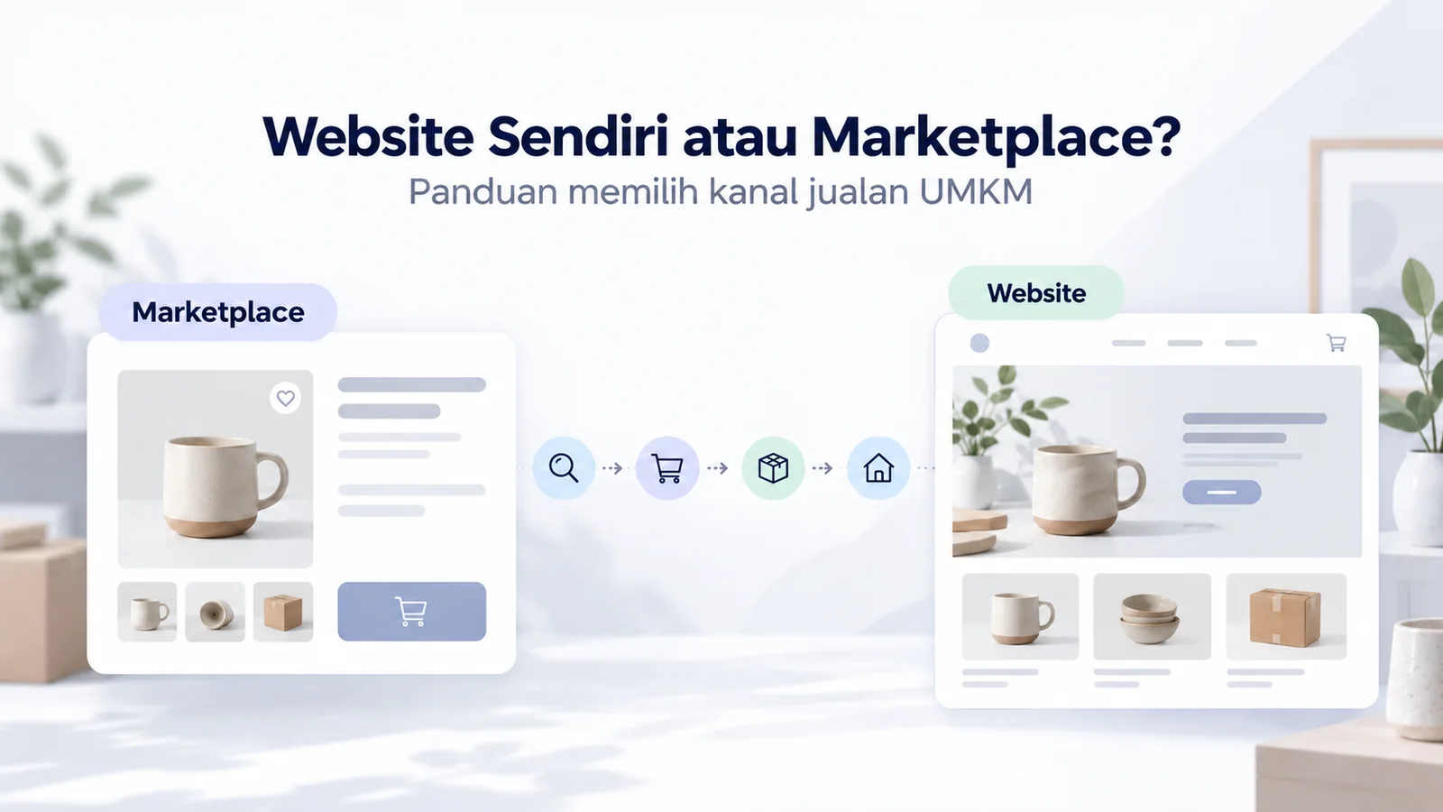 Ilustrasi dua kanal penjualan, marketplace dan website toko milik usaha, dengan fungsi yang berbeda.