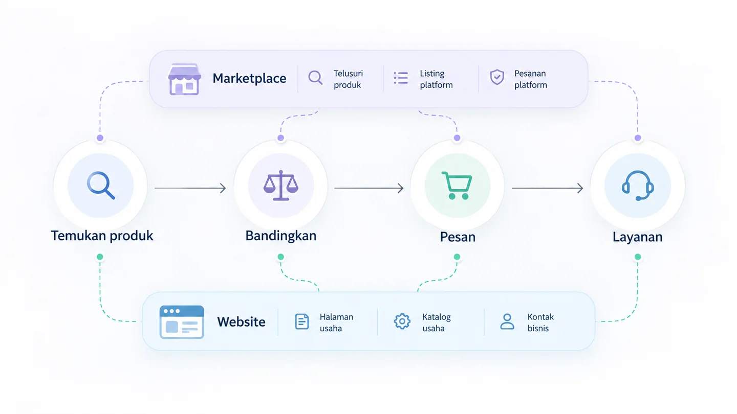 Ilustrasi perjalanan pelanggan melalui marketplace, website usaha, dan kanal komunikasi sesuai tahap belanja.