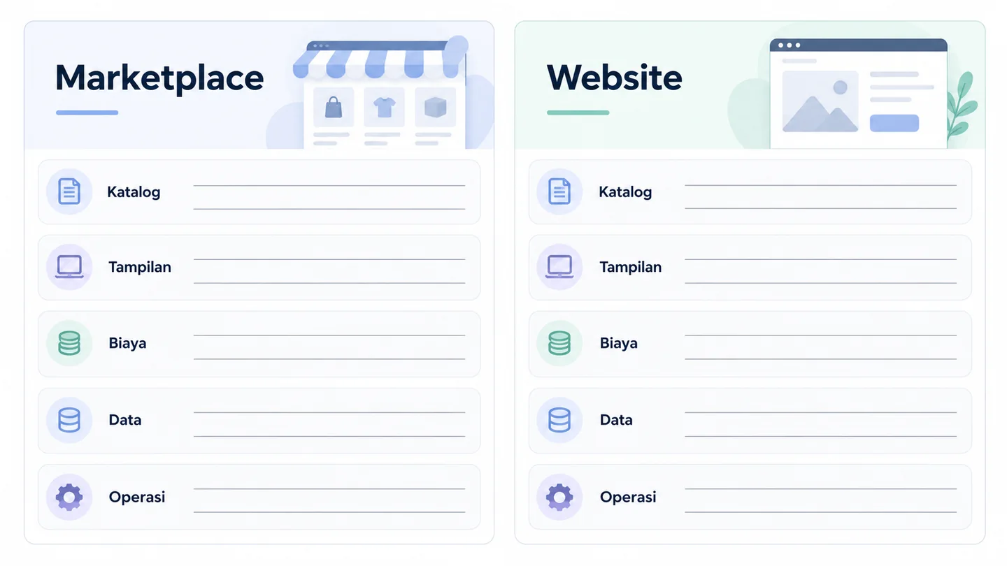 Matriks netral untuk membandingkan kendali katalog, tampilan, data, biaya, dan pekerjaan pada website dan marketplace.