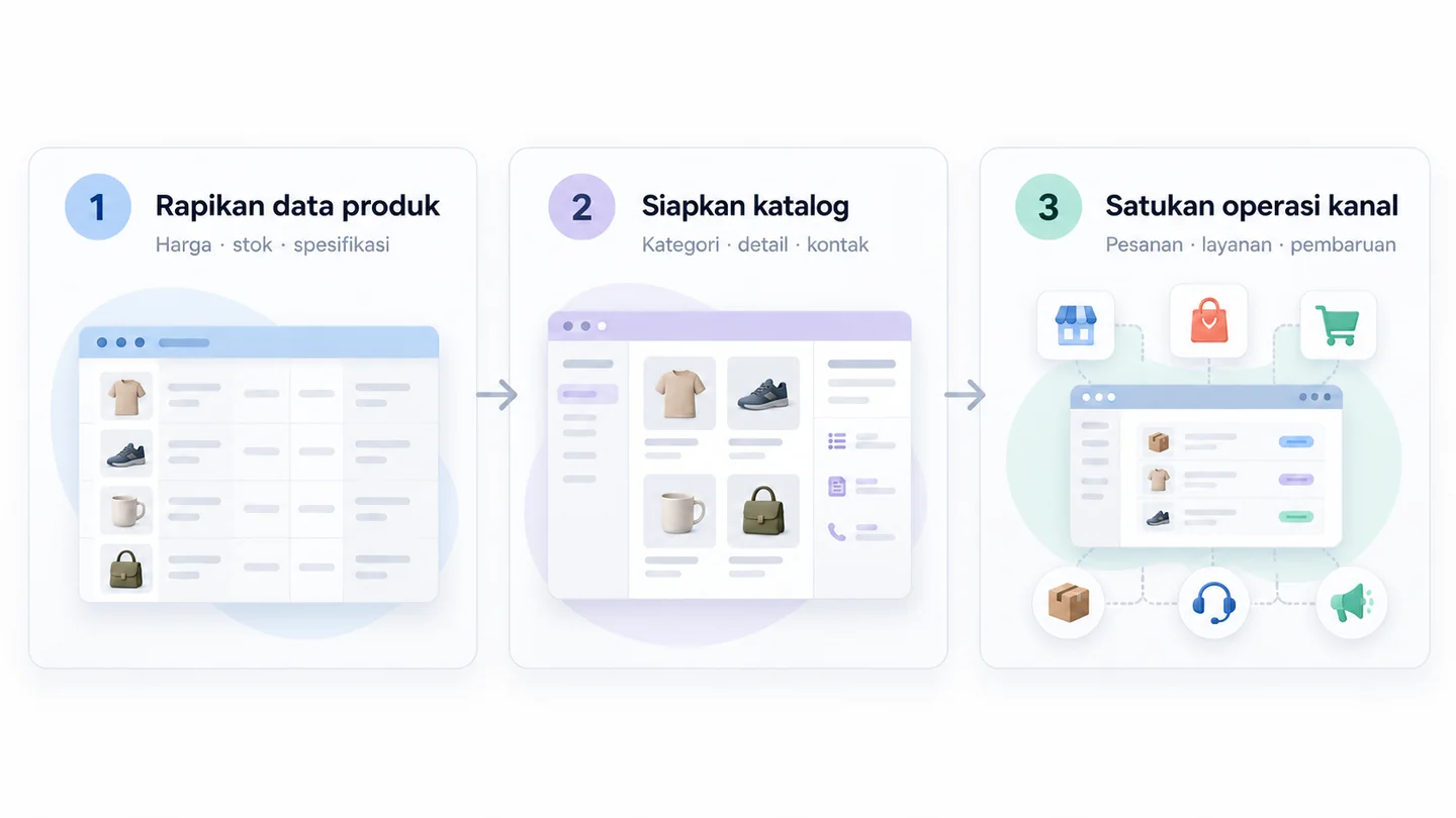 Tahapan penambahan kanal digital dari merapikan etalase, menyiapkan katalog website, hingga menyatukan pembaruan informasi.