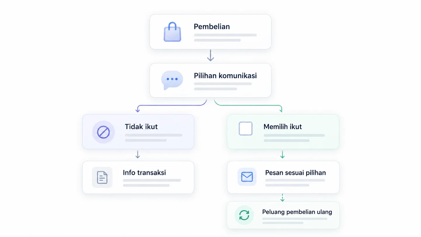 Alur pembelian pertama dan pembelian ulang dengan langkah komunikasi yang mengikuti izin pelanggan.