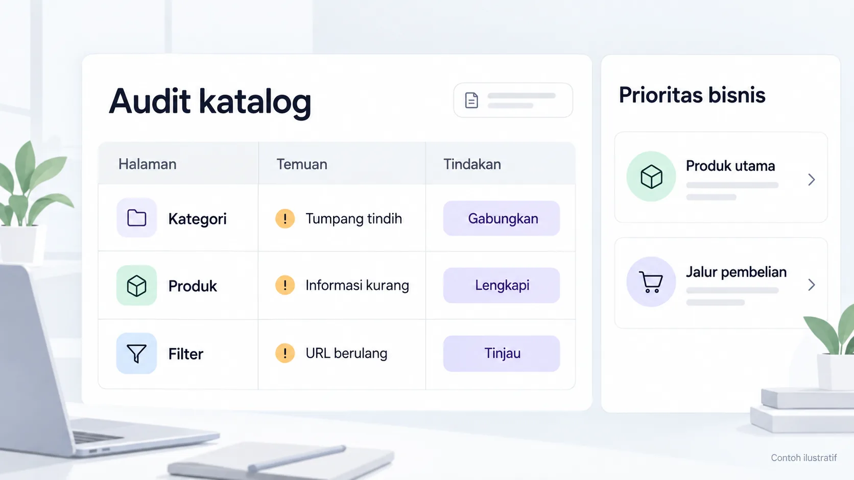 Audit membedakan kategori tumpang tindih, data produk kurang, dan filter berulang.