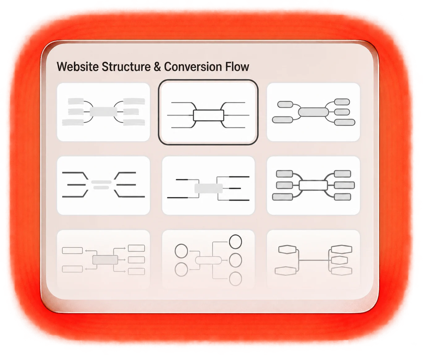 Website structure and conversion flow options illustrated as connected page diagrams.