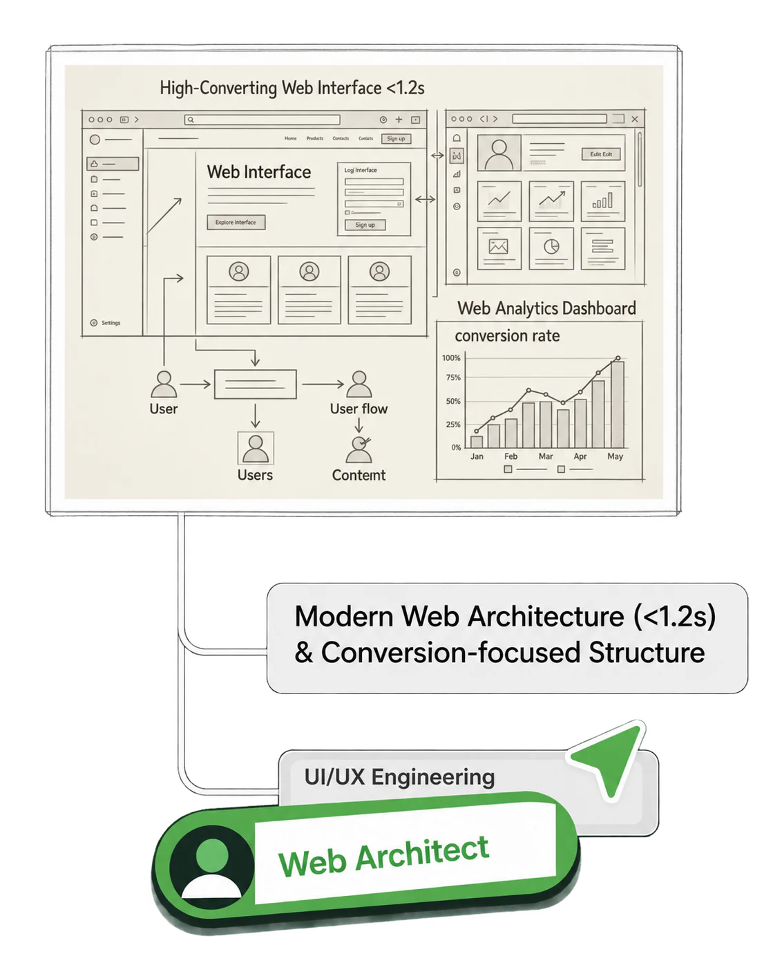 Sketch-style diagram of modern web architecture and a conversion-focused website structure.