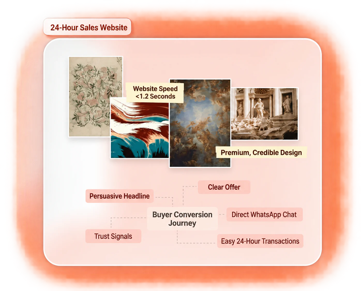 Website conversion journey connecting a clear offer, trust signals and WhatsApp enquiries.