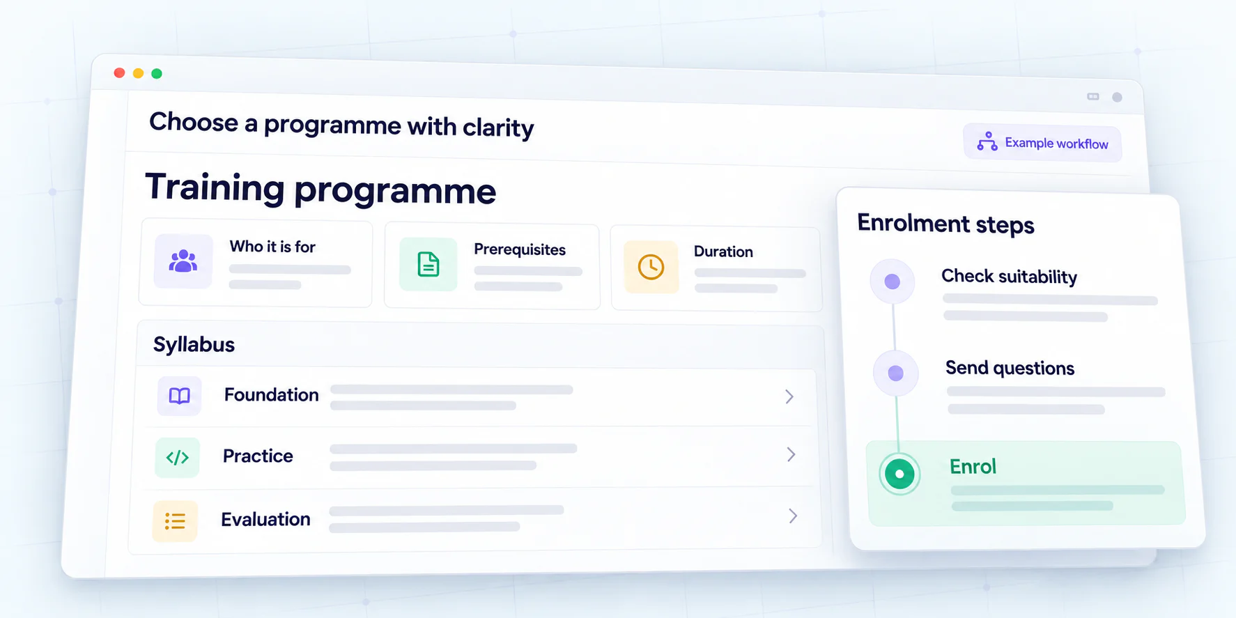 Training programme information leads from eligibility and syllabus to informed enrolment