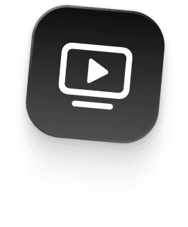 Dark rounded square button showing a white monitor outline with a play triangle and short stand casting a shadow.
