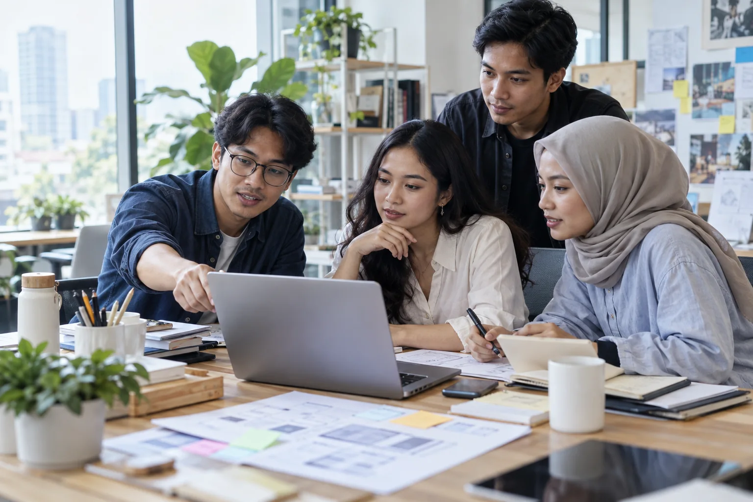 Ilustrasi sektor startup teknologi: tim produk meninjau rancangan di laptop bersama.