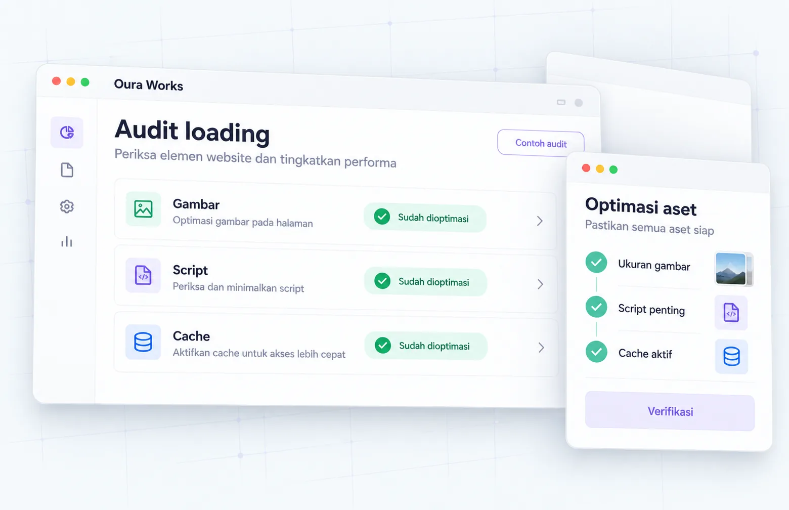 Audit pemuatan website dan prioritas perbaikan teknis; contoh antarmuka, bukan skor performa aktual.