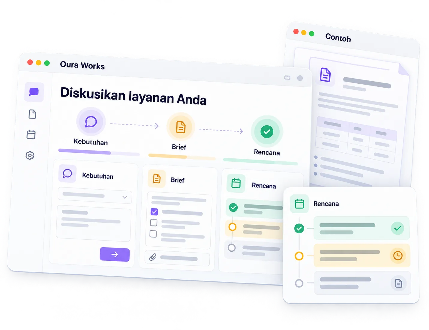 Ilustrasi Diskusikan layanan Anda — Kebutuhan — Brief — Rencana.