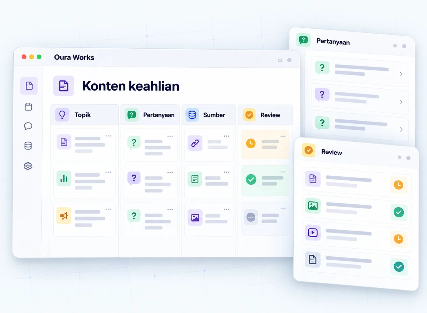 Ilustrasi Konten keahlian — Topik — Pertanyaan — Sumber — Review.