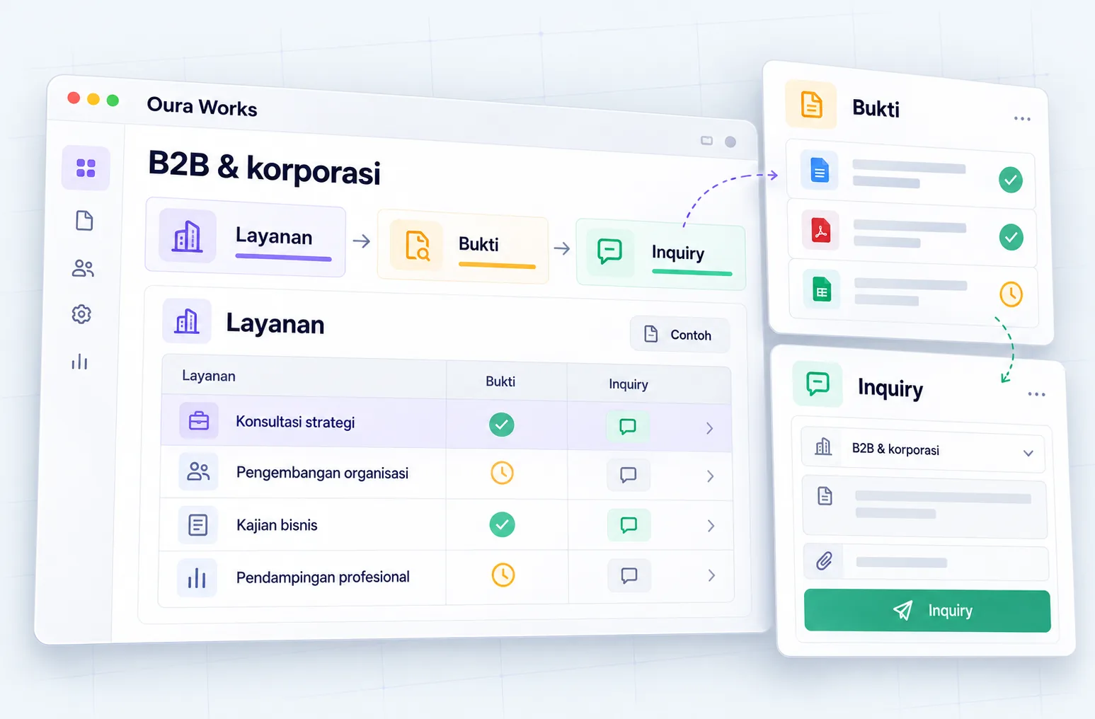 Ilustrasi B2B & korporasi — Layanan — Bukti — Inquiry.