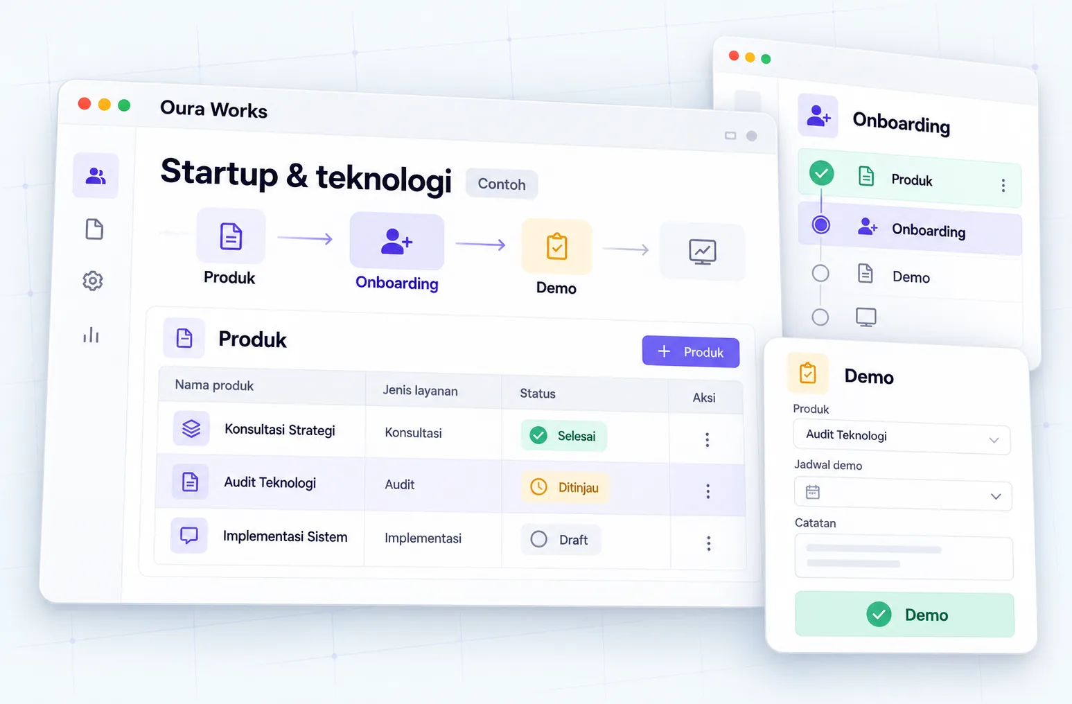 Ilustrasi Startup & teknologi — Produk — Onboarding — Demo.