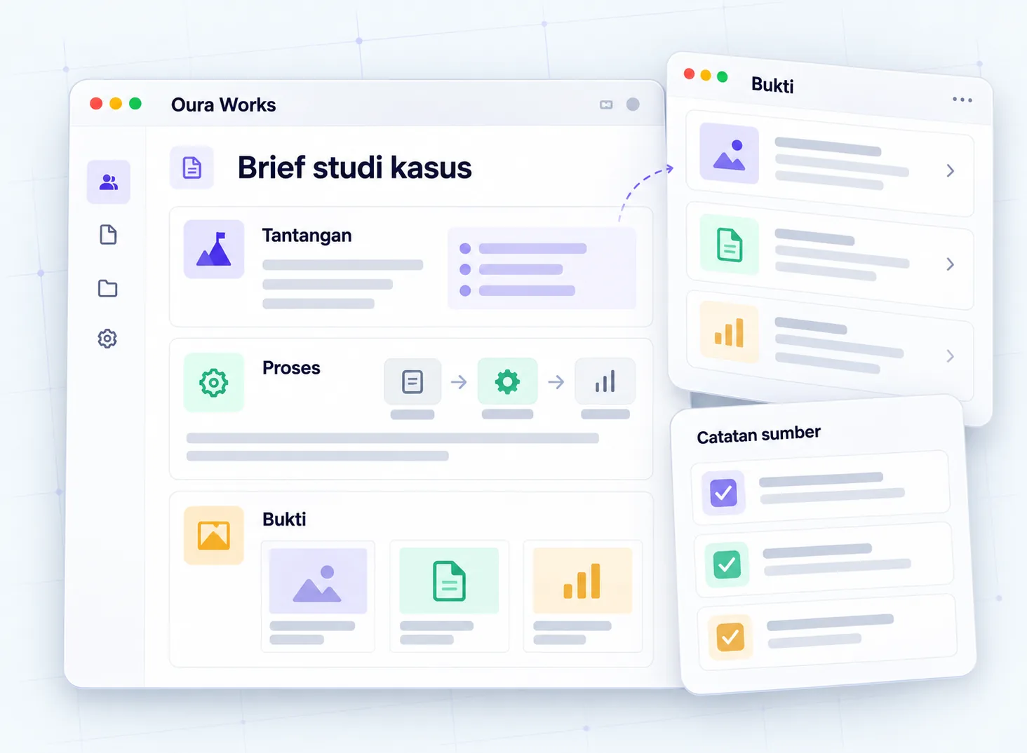 Ilustrasi Brief studi kasus — Tantangan — Proses — Bukti — Catatan sumber.