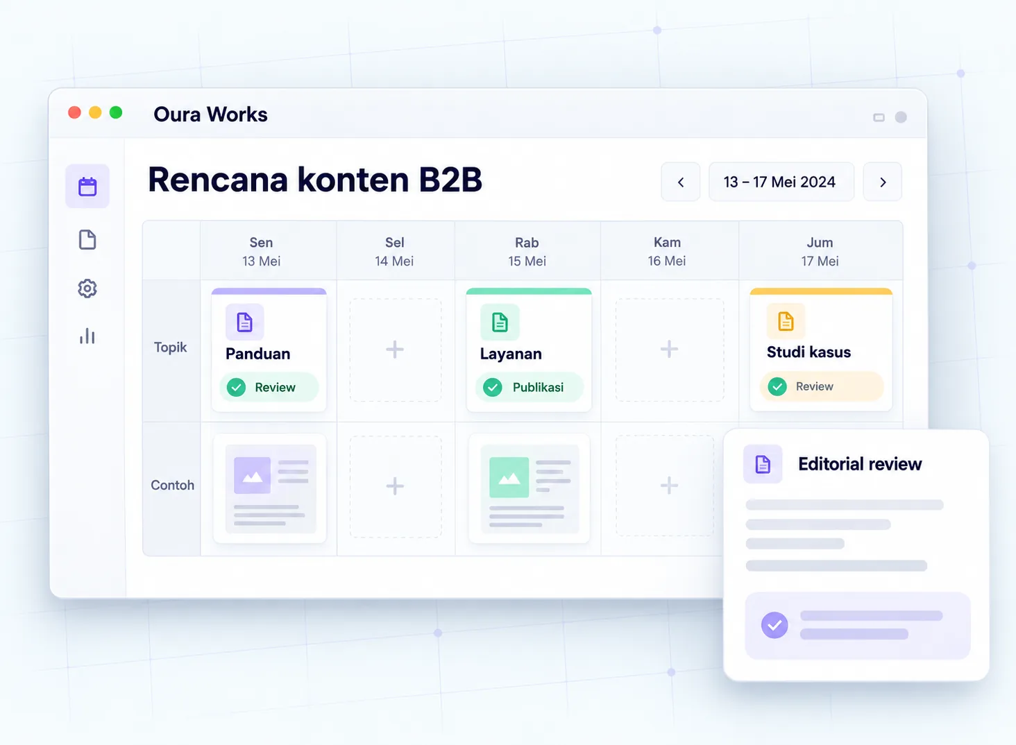 Illustrations B2B content plan — Guides — Services — Case studies — Reviews — Publications — Examples.